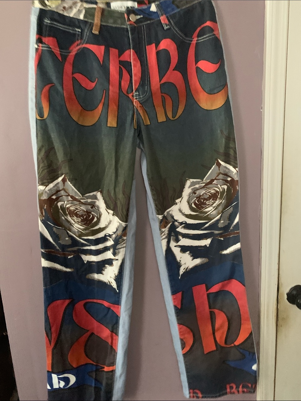 Fashion Nova Multicolor Denim Jeans with Rose Graphic